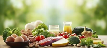 Closeup of vegetables, fruits, and meat on wooden table over green natural background. Generative AI photo