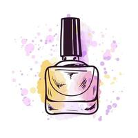 Hand-drawn nail polish, beauty cosmetic element, self care. Illustration on a watercolor pastel background with splashes of paint. Useful  for beauty salon, cosmetic store, makeup. Doodle sketch. vector