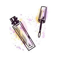 Hand-drawn lip gloss, liquid lipstick or eye shadow, beauty element, self care. Illustration on a watercolor pastel background with splashes of paint. Useful for beauty salon, cosmetic store. vector