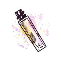 Hand-drawn lip gloss, liquid lipstick or eye shadow, beauty element, self care. Illustration on a watercolor pastel background with splashes of paint. Useful for beauty salon, cosmetic store. vector