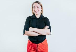 Attractive latin woman with arms crossed isolated. Portrait of beautiful latin girl with arms crossed. Nicaraguan woman on white background photo