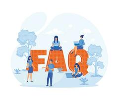 Frequently asked questions concept illustration of young people standing near letters and using smart phone, laptop and digital tablet. flat vector modern illustration