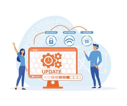 el solicitud y web desarrollo equipo asegura el sistema actualizaciones regularmente terminado tiempo. plano vector moderno ilustración