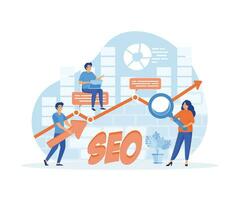 SEO, Search Engine Optimization for website to show in search result page concept, professional people holding magnifying glass. flat vector modern illustration