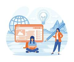 Blog authors writing articles. Freelance writers with laptops creating internet content. flat vector modern illustration