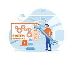 system maintenance, update program and application, technology, engineer, error, fixing a trouble, device updating. flat vector modern illustration