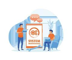 system maintenance, update program and application, technology, engineer, error, fixing a trouble, device updating. flat vector modern illustration