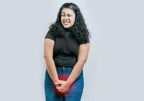 Girl with hands on crotch with urinary problems. People with urinary incontinence on white background. Young woman with urinary problems isolated photo