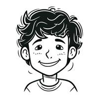 Black and white illustration of a smiling boy with facial skin care. vector