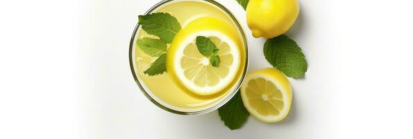 Lemonade in a glass with fresh lemons and mint. Cold summer drink with copy space. Generative AI photo