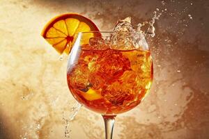 Aperol spritz summer drink in glass with shadows, tropical background. Generative AI photo