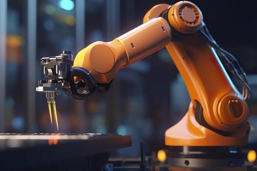 Arm robot working with Screen monitor control industrial machine robot arm line. Generative AI photo