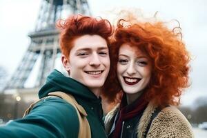 Happy smiling couple traveling in France taking selfie in Paris. Neural network AI generated photo