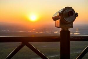 Coin Operated Binocular viewer next to the waterside promenade. Neural network AI generated photo