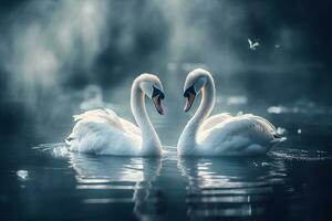 cisnes nadando en el agua en naturaleza. neural red ai generado foto