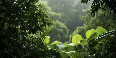 Rain falls in a rainforest with the rain drops. Generative AI photo