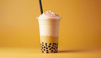 A bubble tea in a plastic cup. Generative AI photo