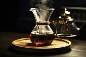 An alternative coffee brewing method is pure over, a glass teapot on a wooden tray. Generative AI photo