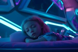 Sleeping beauty, lights and woman with sleep and creative neon lighting. Neural network AI generated photo