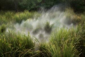 drops of dew on a green grass. Neural network AI generated photo