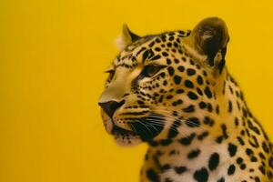 leopardo en un amarillo antecedentes. neural red ai generado foto