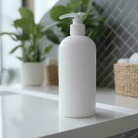 A white bottle of shampoo stands on the table in bathroom. AI Generative photo