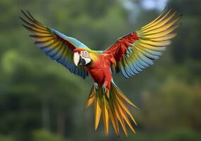 Flying macaw, beautiful bird. Generative AI photo