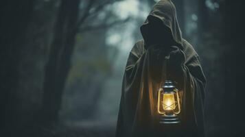 A hooded figure with a lantern searching for something. Generative AI photo