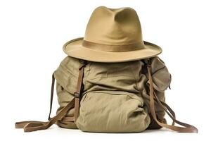 Travel set isolated on white background. Hat, backpack and boots. Neural network AI generated photo