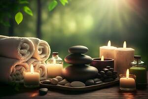 Beauty spa treatment and relax concept. Hot stone massage setting lit by candles. Neural network AI generated photo