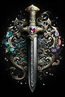 Medieval sword and scabbard. Fantasy golden sword with long blade. Neural network generated art photo