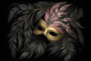 Carnival time. Venetian mask with feathers on black background, Neural network AI generated photo