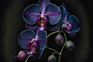 Rare blooming large purple velvet orchid of genus Big Lip phalaenopsis flowers isolated on dark black background. Neural network generated art photo