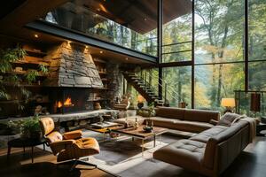 Contemporary stylish interior of a large two-story house in the loft style. Large windows overlook nature. photo