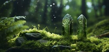 Crystals with moon phases image of moss in a mysterious forest, natural background. Generative AI photo