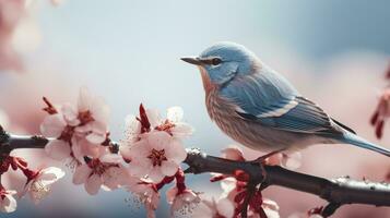 Birds sitting in a tree filled with cherry blossom flowers. Generative AI photo