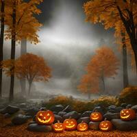 Halloween pumpkin stone outside forest ai generative photo