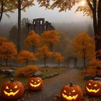 Halloween pumpkin stone outside forest ai generative photo