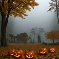 Halloween pumpkin stone outside forest ai generative photo