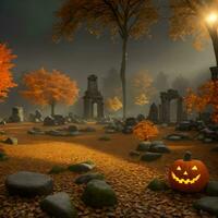 Halloween pumpkin stone outside forest ai generative photo