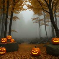Halloween pumpkin stone outside forest ai generative photo