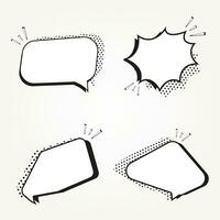 Set of four retro empty comic bubbles and elements set with black halftone shadows used in marketing promo templates vector