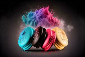 Colorful macarons with sugar powder explosion moment on black background. Neural network generated art photo