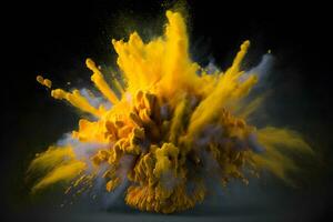 Explosion of yellow color paint powder on black background. Neural network generated art photo