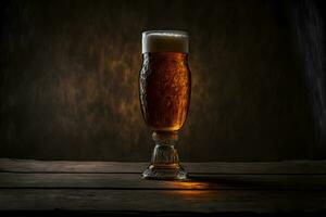 Beautiful beer with foam in classic beer glass in dark scene. Neural network generated art photo