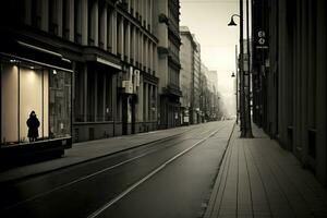 Landscape view of an empty street of a black and white city. Neural network AI generated photo