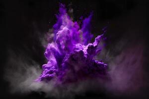 Explosion of purple and violet color paint powder on black background. Neural network generated art photo