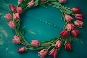 Frame of tulips on turquoise rustic wooden background. Spring flowers. Neural network AI generated photo