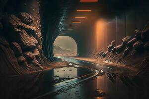 Postapocalyptic tunnel after rain with orange radioactive dust. Neural network AI generated photo