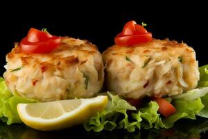 Organic Homemade Crab Cakes with Lemon and Tartar Sauce. Neural network AI generated photo